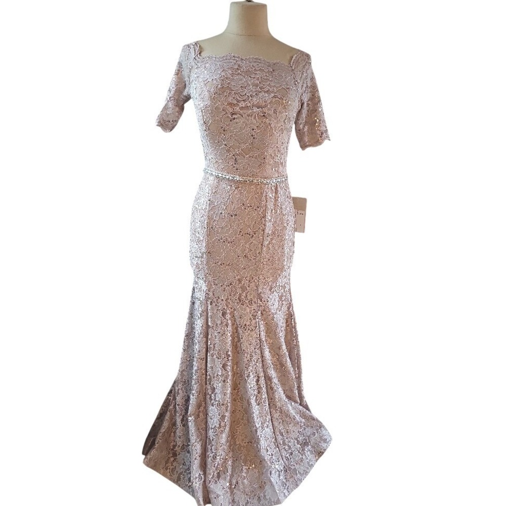 Cindy Collection USA Rose Gold Lace Sequin Mermaid Gown Rhinestone Belt 1638‎ S